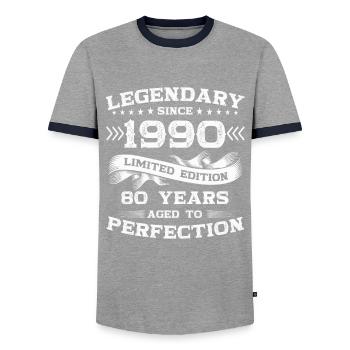 Jahrgang 1990 33. Geburtstag Geschenk Mann/ Frau - Männer Kontrast-T-Shirt - Grau/Navy  - Vorne - AI Model Female 172 light (172cm) & AI Model Male 178 light (178cm)
