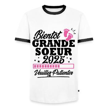 Bientôt grande soeur 2025 - T-shirt contrasté Homme - blanc/noir - Devant - AI Model Female 172 light (172cm) & AI Model Male 178 dark (178cm)