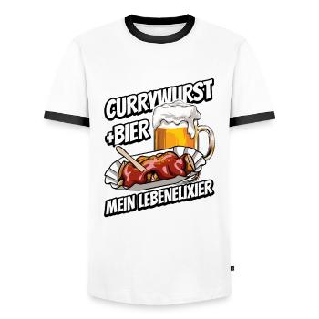 Currywurst und Bier - Fast Food - Spruch - Männer Kontrast-T-Shirt - Weiß/Schwarz - Vorne - AI Model Female 172 light (172cm) & AI Model Male 178 dark (178cm)