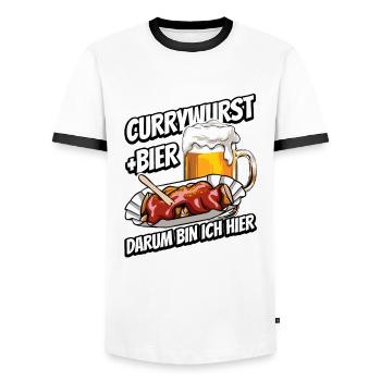 Currywurst und Bier - Fast Food - Spruch - Männer Kontrast-T-Shirt - Weiß/Schwarz - Vorne - AI Model Female 172 light (172cm) & AI Model Male 178 dark (178cm)