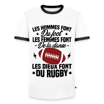 Les dieux font du rugby, Humour cadeau rugbyman - T-shirt contrasté Homme - blanc/noir - Devant - AI Model Female 172 light (172cm) & AI Model Male 178 dark (178cm)