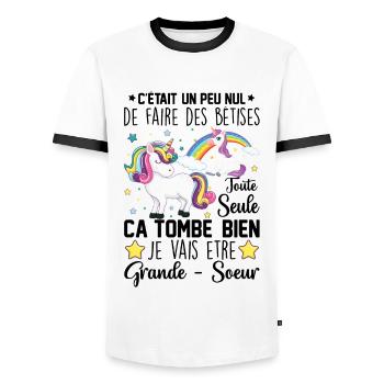 Je vais être grande soeur - T-shirt contrasté Homme - blanc/noir - Devant - AI Model Female 172 light (172cm) & AI Model Male 178 dark (178cm)