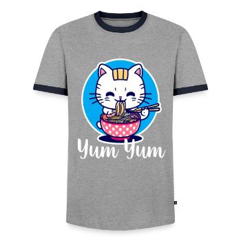 Cute Cat Eats Ramen - Anime - Manga - T-shirt contrasté Homme - gris/marine  - Devant - AI Model Female 172 light (172cm) & AI Model Male 178 light (178cm)