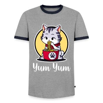 Cute Cat Eats Ramen - Anime - Manga - T-shirt contrasté Homme - gris/marine  - Devant - AI Model Female 172 light (172cm) & AI Model Male 178 light (178cm)