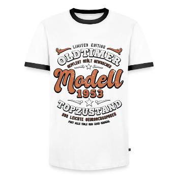 Oldtimer Modell 1953 - Geburtstag - Jahrgang - Männer Kontrast-T-Shirt - Weiß/Schwarz - Vorne - AI Model Female 172 light (172cm) & AI Model Male 178 dark (178cm)