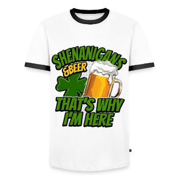 Shenanigans & Beer - That's Why I'm Here - Saying - Men's Ringer Shirt - white/black - Front - AI Model Female 172 light (172cm) & AI Model Male 178 dark (178cm)