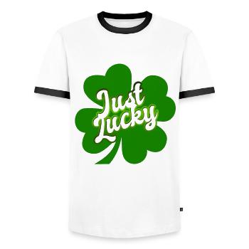 St Patrick’s Day - Just Lucky - Shamrock - T-shirt contrasté Homme - blanc/noir - Devant - AI Model Female 172 light (172cm) & AI Model Male 178 dark (178cm)