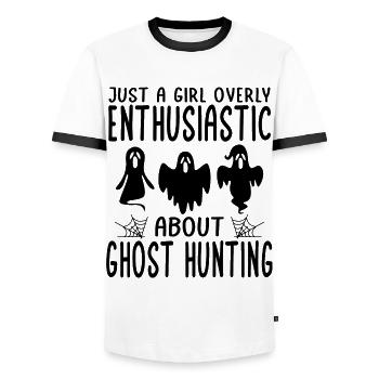 Ghost hunters - Men's Ringer Shirt - white/black - Front - AI Model Female 172 light (172cm) & AI Model Male 178 dark (178cm)