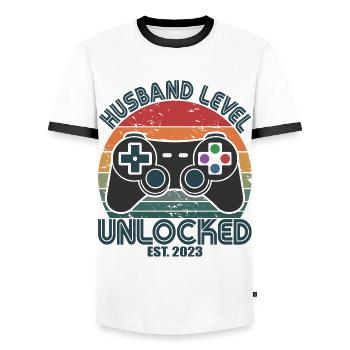 Husband Level Unlocked Est. 2023 Funny Married Men - Men's Ringer Shirt - white/black - Front - AI Model Female 172 light (172cm) & AI Model Male 178 dark (178cm)