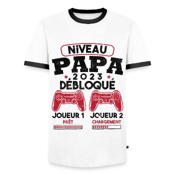 Niveau papa débloqué futur père 2023 - T-shirt contrasté Homme - blanc/noir - Devant - AI Model Female 172 light (172cm) & AI Model Male 178 dark (178cm)