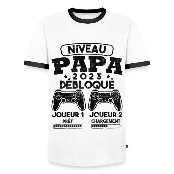 Niveau papa débloqué futur père 2023 - T-shirt contrasté Homme - blanc/noir - Devant - AI Model Female 172 light (172cm) & AI Model Male 178 dark (178cm)