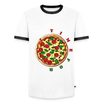 Time for pizza, clock - delicious salami pizza - Men's Ringer Shirt - white/black - Front - AI Model Female 172 light (172cm) & AI Model Male 178 dark (178cm)