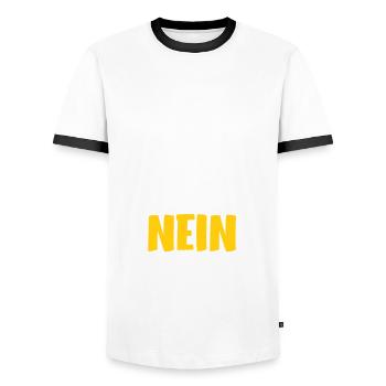 Warum hast du nicht nein gesagt? Beziehung - Männer Kontrast-T-Shirt - Weiß/Schwarz - Vorne - AI Model Female 172 light (172cm) & AI Model Male 178 dark (178cm)