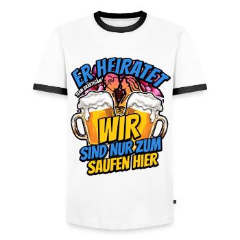 JGA Junggesellenabschied - Er heiratet - Männer Kontrast-T-Shirt - Weiß/Schwarz - Vorne - AI Model Female 172 light (172cm) & AI Model Male 178 dark (178cm)