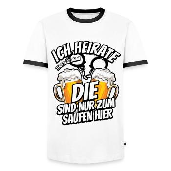 JGA Junggesellenabschied - Ich heirate - Saufen - Männer Kontrast-T-Shirt - Weiß/Schwarz - Vorne - AI Model Female 172 light (172cm) & AI Model Male 178 dark (178cm)