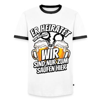 JGA Junggesellenabschied - Er heiratet - Saufen - Männer Kontrast-T-Shirt - Weiß/Schwarz - Vorne - AI Model Female 172 light (172cm) & AI Model Male 178 dark (178cm)