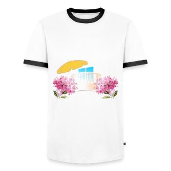 Urlaub auf Balkonien - Blütenmeer - Haustralien - Männer Kontrast-T-Shirt - Weiß/Schwarz - Vorne - AI Model Female 172 light (172cm) & AI Model Male 178 dark (178cm)