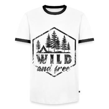 Wild & Free - Tent - Camping - Slogan - Men's Ringer Shirt - white/black - Front - AI Model Female 172 light (172cm) & AI Model Male 178 dark (178cm)