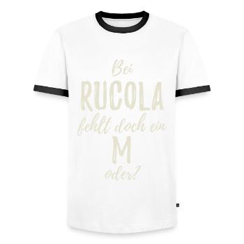 Bei Rucola fehlt ein M - Rumcola Wortspiel Spruch - Männer Kontrast-T-Shirt - Weiß/Schwarz - Vorne - AI Model Female 172 light (172cm) & AI Model Male 178 dark (178cm)