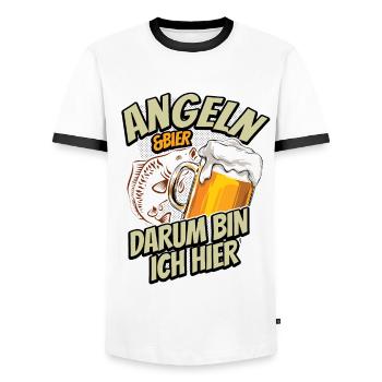 Angeln & Bier - darum bin ich hier - Karpfen - Männer Kontrast-T-Shirt - Weiß/Schwarz - Vorne - AI Model Female 172 light (172cm) & AI Model Male 178 dark (178cm)