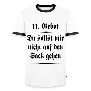 11. Gebot - Du sollst mir nicht auf den Sack gehen - Männer Kontrast-T-Shirt - Weiß/Schwarz - Vorne - AI Model Female 172 light (172cm) & AI Model Male 178 dark (178cm)