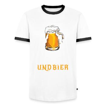 Metal und Bier - Dafür bin ich hier - Spruch - Männer Kontrast-T-Shirt - Weiß/Schwarz - Vorne - AI Model Female 172 light (172cm) & AI Model Male 178 dark (178cm)
