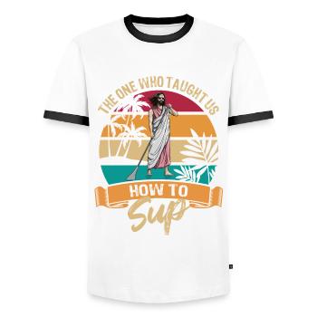 The One who taught us how to SUP - Jesus - Paddle - Men's Ringer Shirt - white/black - Front - AI Model Female 172 light (172cm) & AI Model Male 178 dark (178cm)