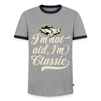 I'm not old I'm classic - Vintage Retro Auto - Men's Ringer Shirt - grey/navy  - Front - AI Model Female 172 light (172cm) & AI Model Male 178 light (178cm)