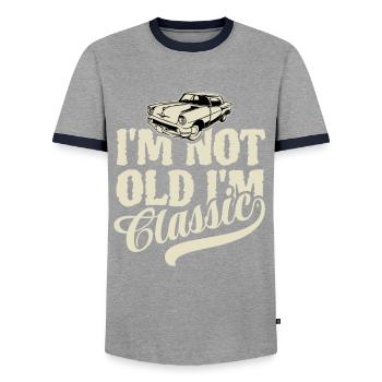 I'm not old I'm classic - Vintage Retro Auto - Men's Ringer Shirt - grey/navy  - Front - AI Model Female 172 light (172cm) & AI Model Male 178 light (178cm)