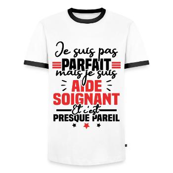 Je suis pas parfait mais je suis aide soignant - T-shirt contrasté Homme - blanc/noir - Devant - AI Model Female 172 light (172cm) & AI Model Male 178 dark (178cm)