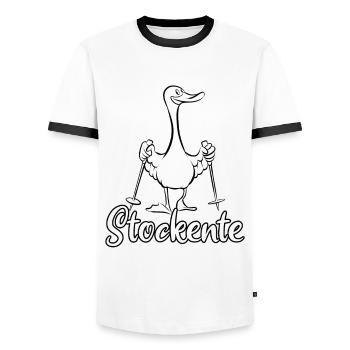 Stockente - Ente mit Stöcken - Walking - Männer Kontrast-T-Shirt - Weiß/Schwarz - Vorne - AI Model Female 172 light (172cm) & AI Model Male 178 dark (178cm)