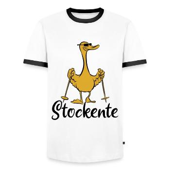 Stockente - Ente mit Stöcken - Walking - Männer Kontrast-T-Shirt - Weiß/Schwarz - Vorne - AI Model Female 172 light (172cm) & AI Model Male 178 dark (178cm)