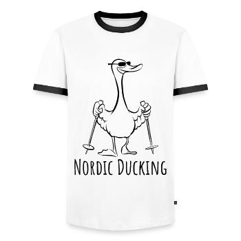 Mallard - Duck with sticks - Nordic Ducking - Men's Ringer Shirt - white/black - Front - AI Model Female 172 light (172cm) & AI Model Male 178 dark (178cm)