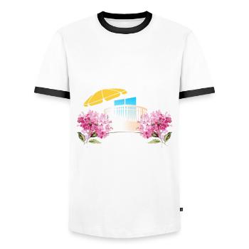 Urlaub auf Balkonien - Blütenmeer - Haustralien - Männer Kontrast-T-Shirt - Weiß/Schwarz - Vorne - AI Model Female 172 light (172cm) & AI Model Male 178 dark (178cm)