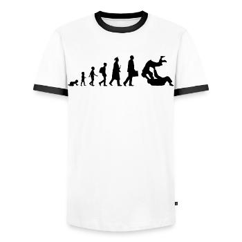 Development of Judo - Men's Ringer Shirt - white/black - Front - AI Model Female 172 light (172cm) & AI Model Male 178 dark (178cm)