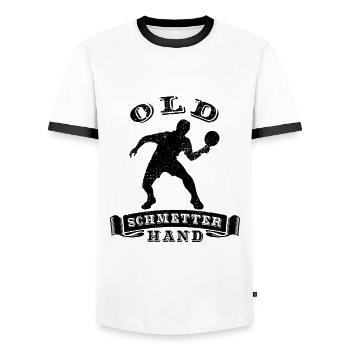 Old Schmetterhand Tischtennis Linkshänder - Männer Kontrast-T-Shirt - Weiß/Schwarz - Vorne - AI Model Female 172 light (172cm) & AI Model Male 178 dark (178cm)