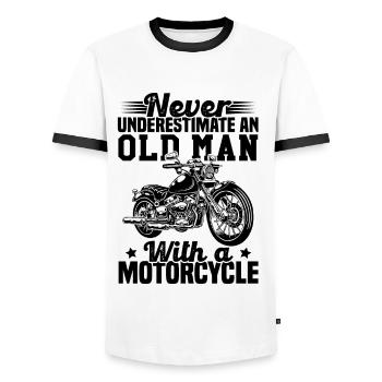 Never underestimate an old man with a motorcycle - Men's Ringer Shirt - white/black - Front - AI Model Female 172 light (172cm) & AI Model Male 178 dark (178cm)