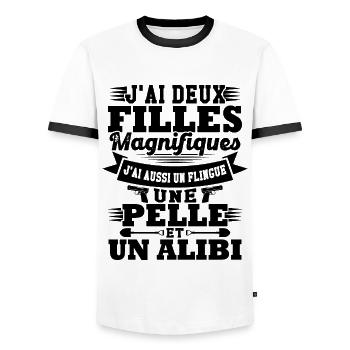 J'ai deux filles magnifiques, flingue pelle alibi - T-shirt contrasté Homme - blanc/noir - Devant - AI Model Female 172 light (172cm) & AI Model Male 178 dark (178cm)