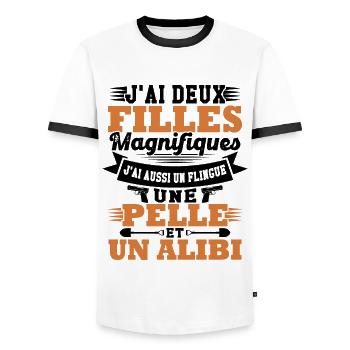 J'ai deux filles magnifiques, flingue pelle alibi - T-shirt contrasté Homme - blanc/noir - Devant - AI Model Female 172 light (172cm) & AI Model Male 178 dark (178cm)