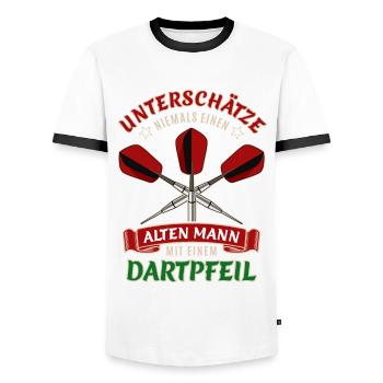 Unterschätze nie einen alten Mann mit Dartpfeil - Männer Kontrast-T-Shirt - Weiß/Schwarz - Vorne - AI Model Female 172 light (172cm) & AI Model Male 178 dark (178cm)