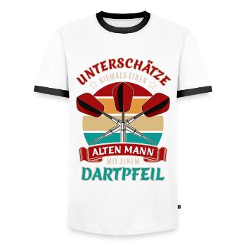 Unterschätze nie einen alten Mann mit Dartpfeil - Männer Kontrast-T-Shirt - Weiß/Schwarz - Vorne - AI Model Female 172 light (172cm) & AI Model Male 178 dark (178cm)