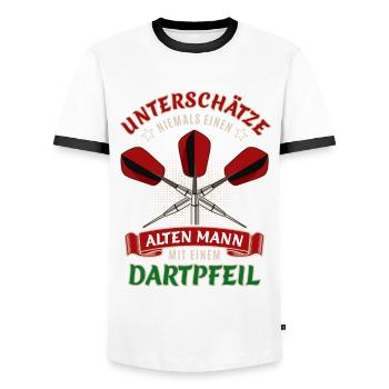 Unterschätze nie einen alten Mann mit Dartpfeil - Männer Kontrast-T-Shirt - Weiß/Schwarz - Vorne - AI Model Female 172 light (172cm) & AI Model Male 178 dark (178cm)