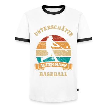 Unterschätze nie einen alten Mann - Baseball - Männer Kontrast-T-Shirt - Weiß/Schwarz - Vorne - AI Model Female 172 light (172cm) & AI Model Male 178 dark (178cm)