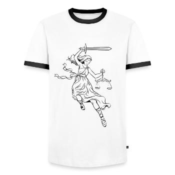 Lady justice, Allegorie der Gerechtigkeit, Göttin - Männer Kontrast-T-Shirt - Weiß/Schwarz - Vorne - AI Model Female 172 light (172cm) & AI Model Male 178 dark (178cm)