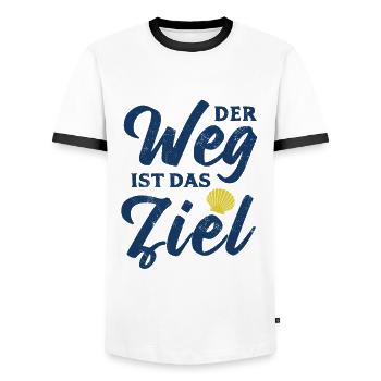Der Weg ist das Ziel - Camino - Jakobsweg - Pilger - Männer Kontrast-T-Shirt - Weiß/Schwarz - Vorne - AI Model Female 172 light (172cm) & AI Model Male 178 dark (178cm)