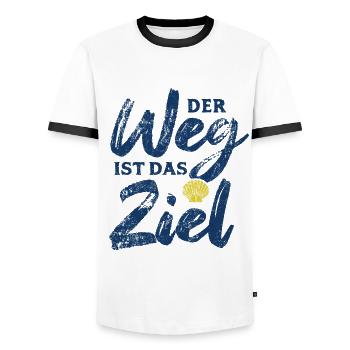 Der Weg ist das Ziel - Camino - Jakobsweg - Pilger - Männer Kontrast-T-Shirt - Weiß/Schwarz - Vorne - AI Model Female 172 light (172cm) & AI Model Male 178 dark (178cm)