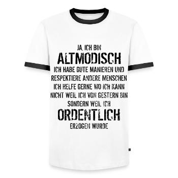 Ja ich bin altmodisch - aber ordentlich erzogen - Männer Kontrast-T-Shirt - Weiß/Schwarz - Vorne - AI Model Female 172 light (172cm) & AI Model Male 178 dark (178cm)