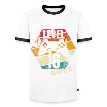 Level 16 Complete - Gamer - Birthday - Gift - Men's Ringer Shirt - white/black - Front - AI Model Female 172 light (172cm) & AI Model Male 178 dark (178cm)