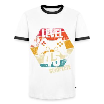 Niveau 45 Complet - Joueur - Anniversaire - Cadeau - T-shirt contrasté Homme - blanc/noir - Devant - AI Model Female 172 light (172cm) & AI Model Male 178 dark (178cm)
