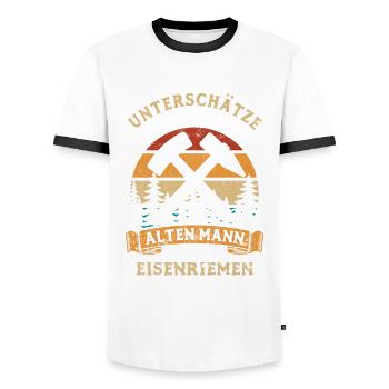 Unterschätze nie einen alten Mann mit Eisenriemen - Männer Kontrast-T-Shirt - Weiß/Schwarz - Vorne - AI Model Female 172 light (172cm) & AI Model Male 178 dark (178cm)